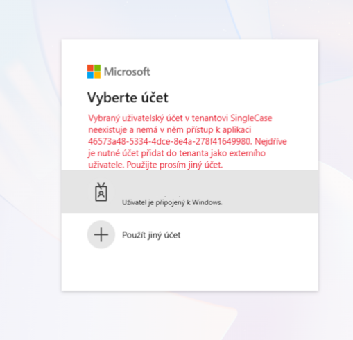 Microsoft Pick an account dialog showing the error that the selected account does not exist in the SingleCase tenant